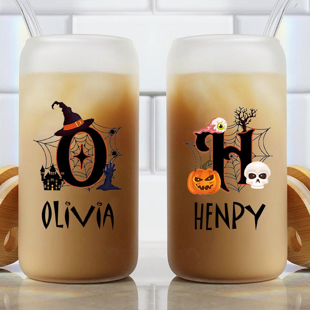 Coffee Equipment Names - 맞춤형 할로윈 이름 유리컵, 대나무 뚜껑