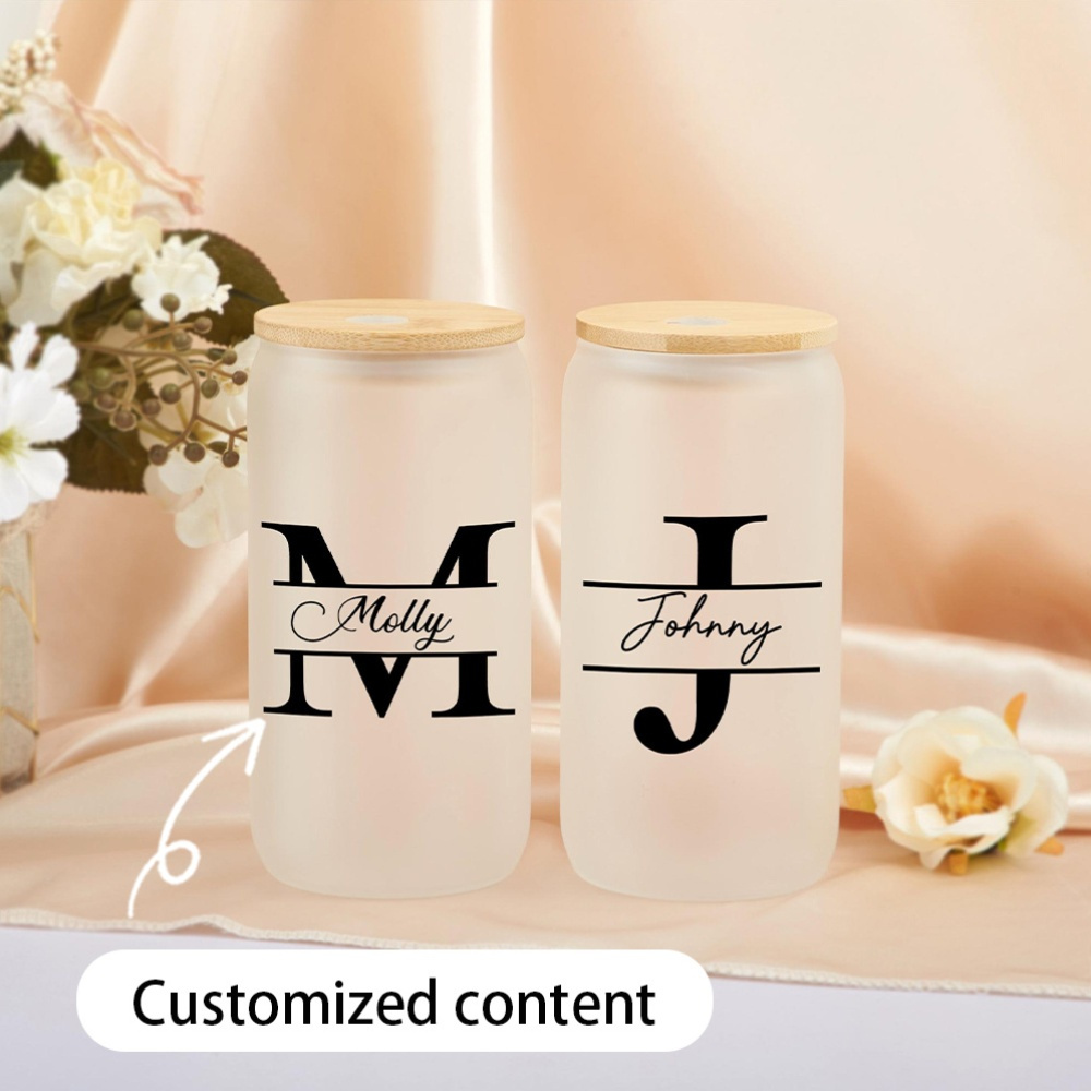 맞춤 이니셜이 새겨진 불투명 유리컵, 대나무 뚜껑과 빨 - Coffee Equipment Names 리뷰 및 가격