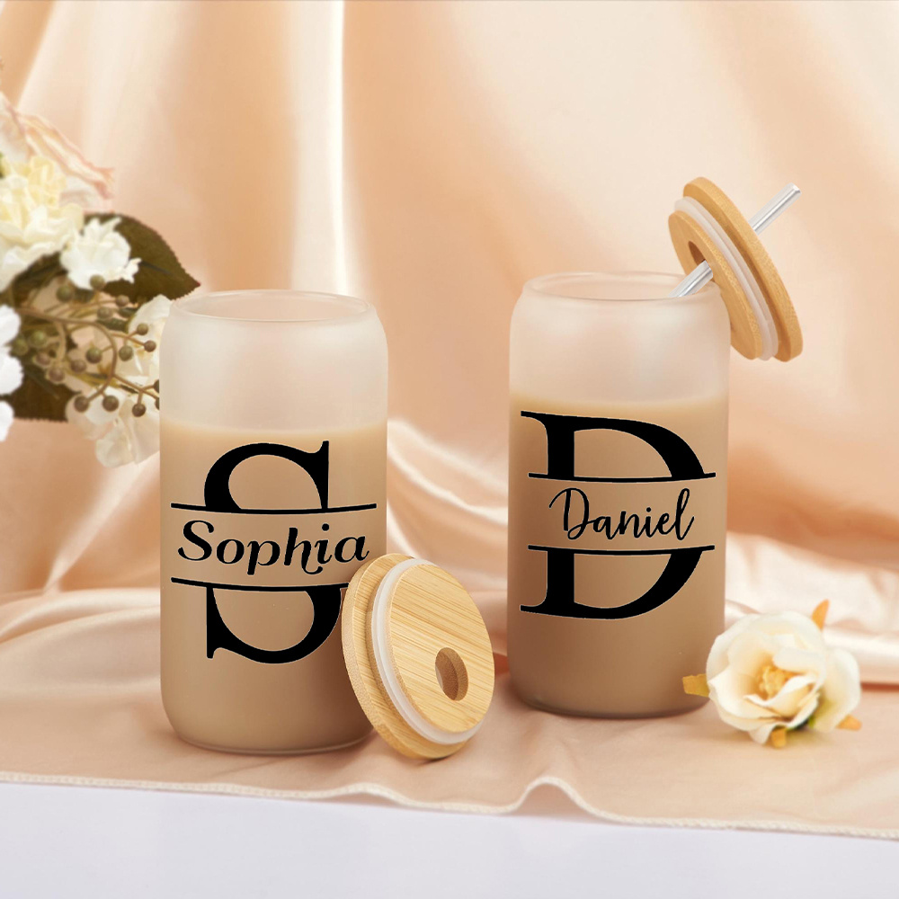 맞춤 이니셜이 새겨진 불투명 유리컵, 대나무 뚜껑과 빨 - Coffee Equipment Names 리뷰 및 가격